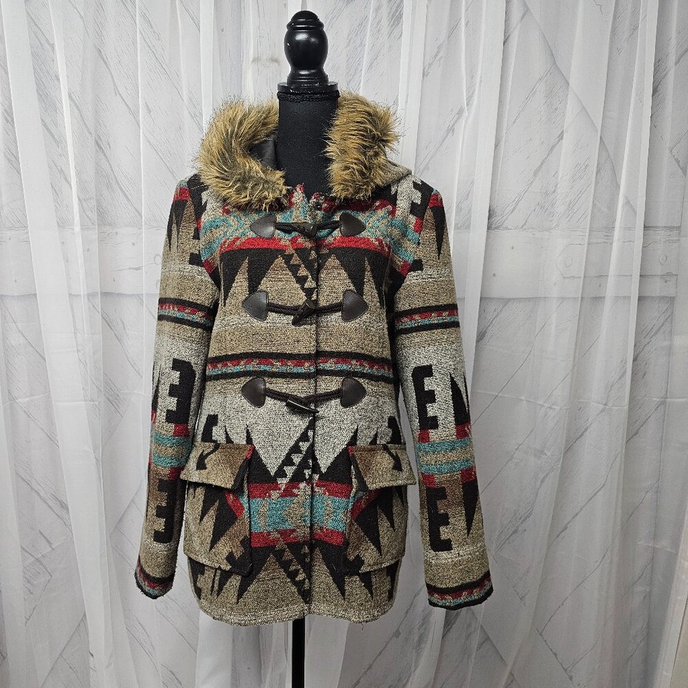 Red Ranch Brown Aztec Southwestern Faux Fur Toggle Button Blanket Coat L